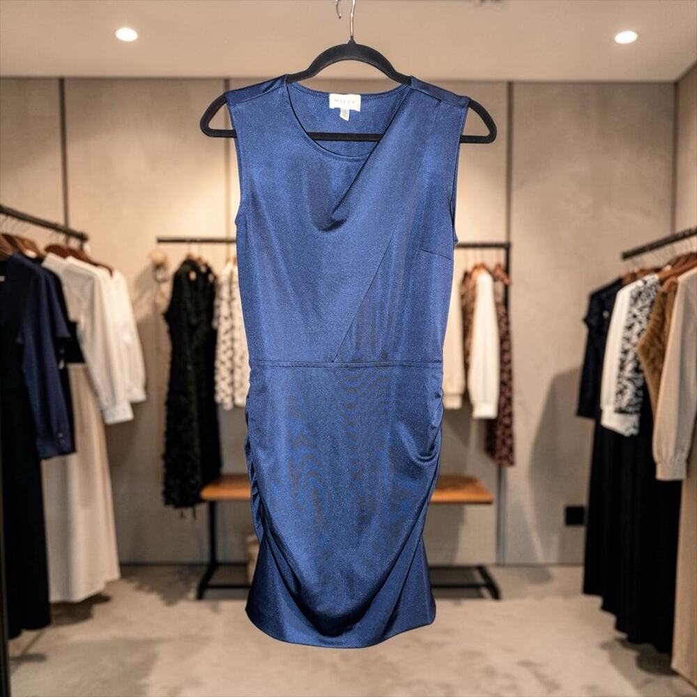 Milly Blue Ruched Mini Dress Sleeveless Stretch Bodycon Modern Minnimalist